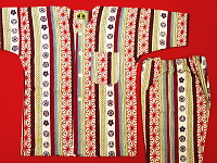 義若オリジナルの子供用鯉口シャツ・ダボシャツ　吉原家紋麻の葉縞（赤系）　上下組セット
